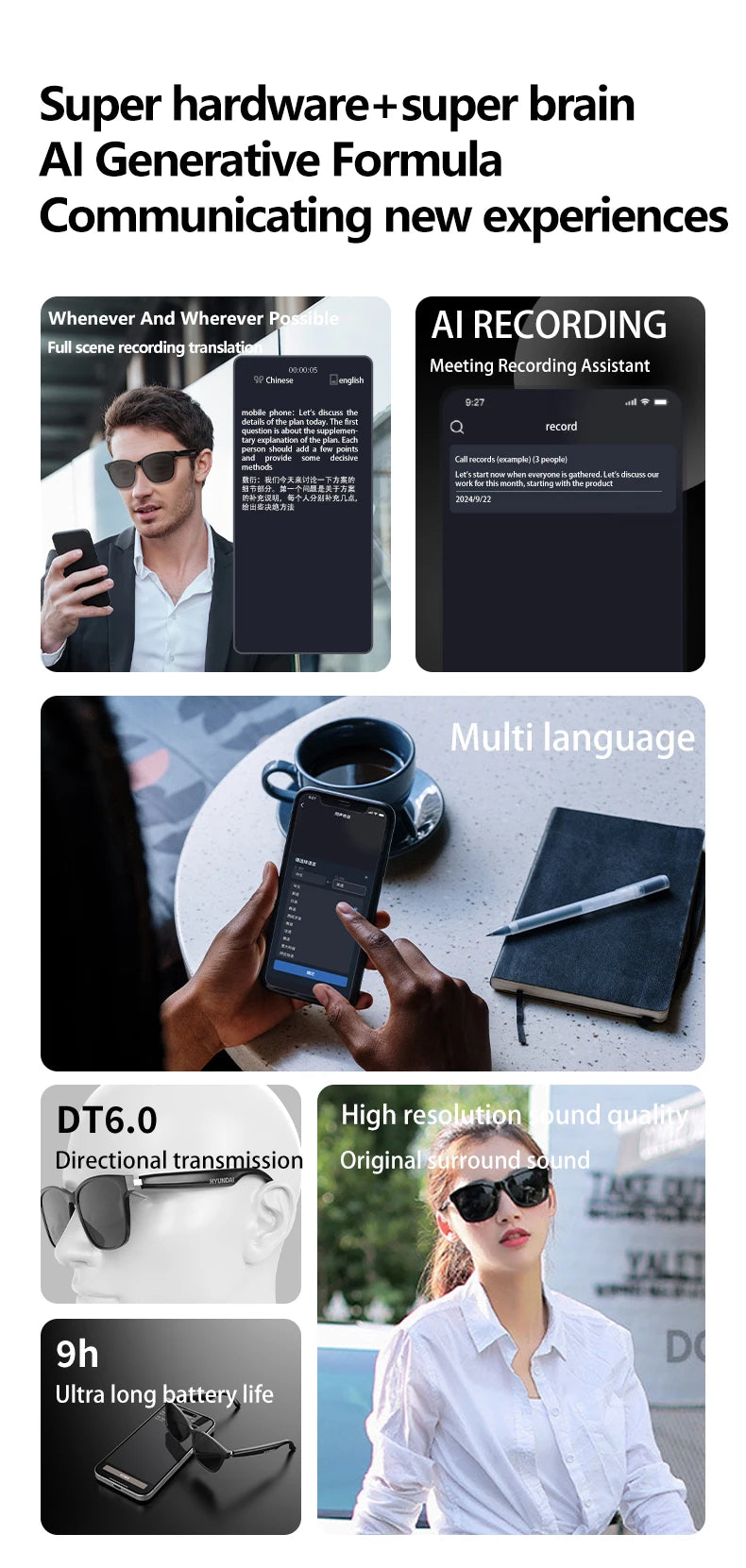 HY-C8 AI Smart Glasses Intelligent Real-time Language Translator Bluetooth Sunglasses