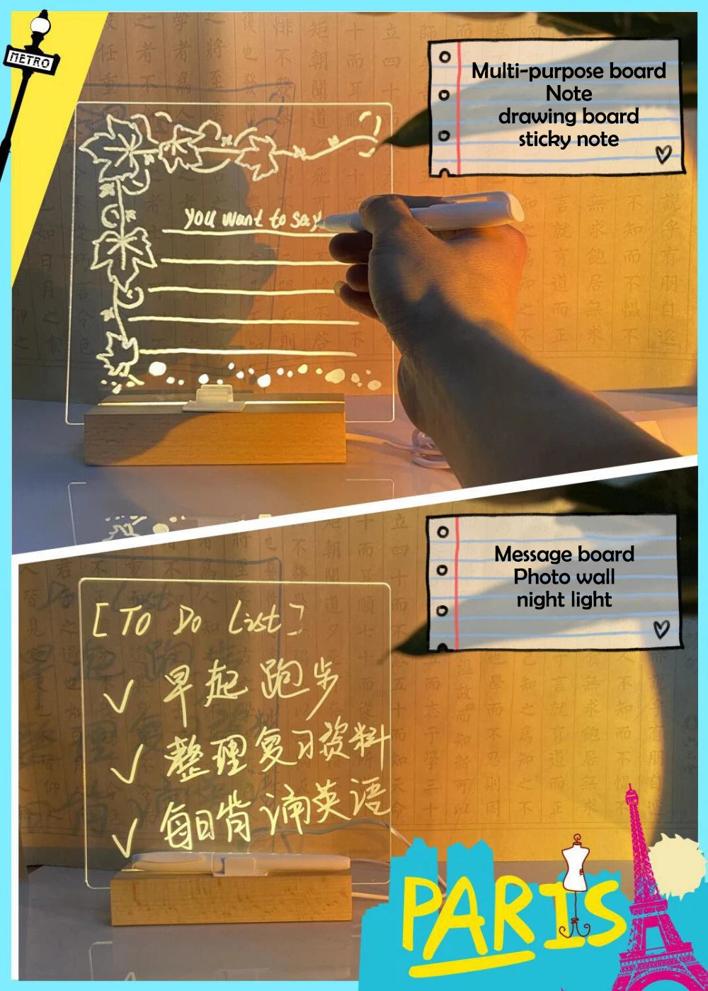 LED Note Board With Night Light Colorful 7 Pens DIY Acrylic Message Board