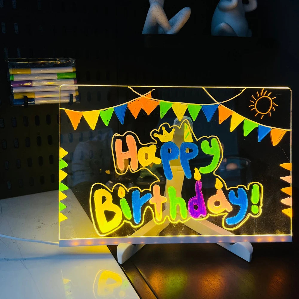 LED Note Board With Night Light Colorful 7 Pens DIY Acrylic Message Board