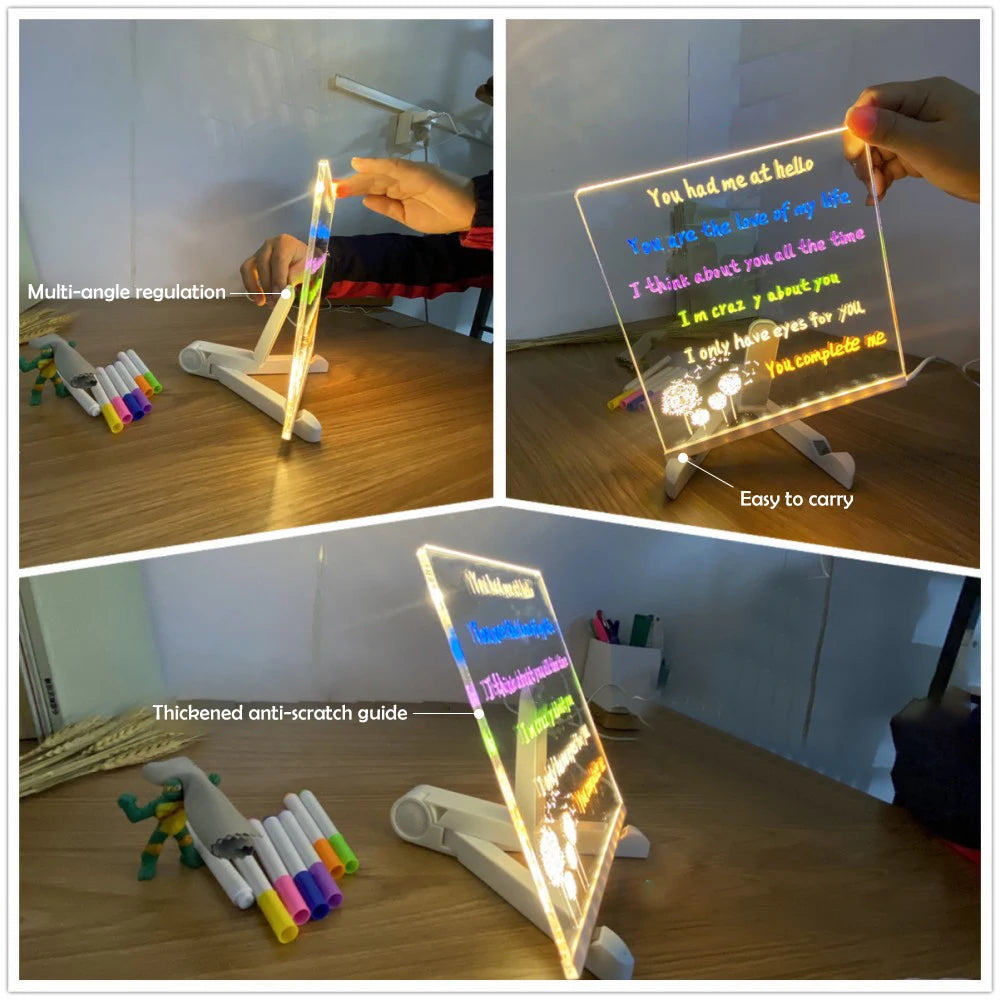 LED Note Board With Night Light Colorful 7 Pens DIY Acrylic Message Board