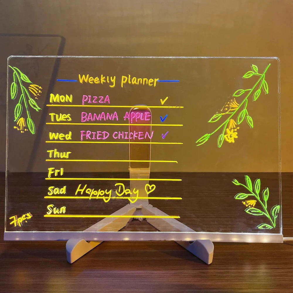 LED Note Board With Night Light Colorful 7 Pens DIY Acrylic Message Board