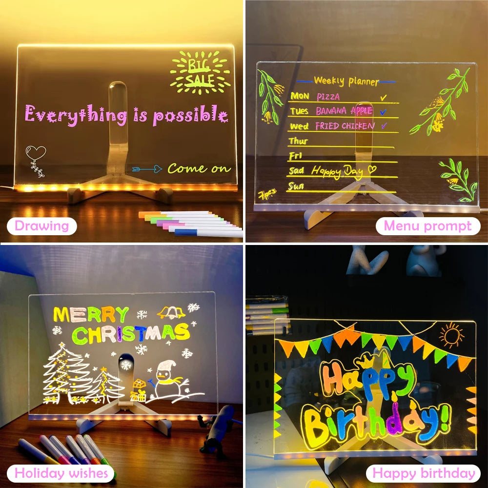 LED Note Board With Night Light Colorful 7 Pens DIY Acrylic Message Board